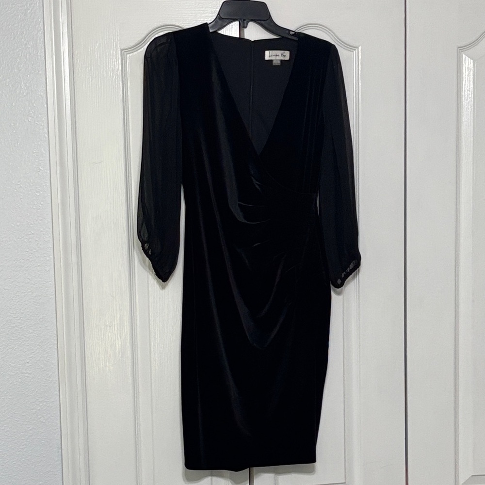 Black Velvet Faux-Wrap Midi Dress with Sheer Sleeves
